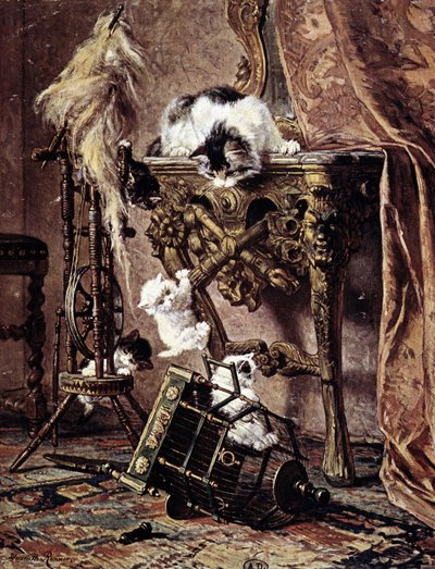 En kat ser sine killinger lege - af Henriette Ronner af Henriëtte Ronner Knip