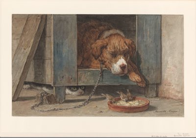 Kat, der spionerer på fugle ved en sovende hund af Henriëtte Ronner