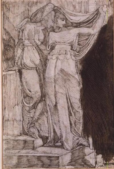 To kvindelige figurer stående på trapper, Rom, maj 1787 af Johann Heinrich Füssli