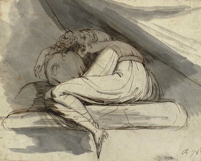 Kvinde siddende, krøllet sammen, efter 1778 (blyant, kuglepen, brunt blæk og grå vask) af Henry  Fuseli