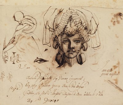 Mrs. Fuseli iført en udførlig hovedbeklædning og undersøgelser af et øje, mund og torso (pen og blæk) af Johann Heinrich Füssli