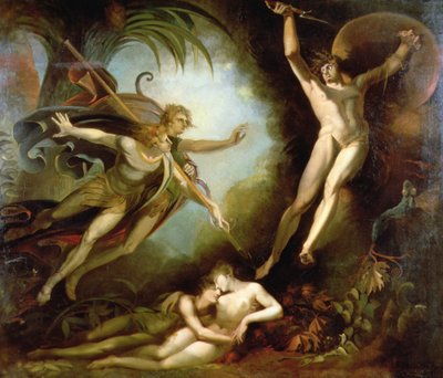 Satan starter ved berøringen af Ithuriels lanse af Johann Heinrich Füssli