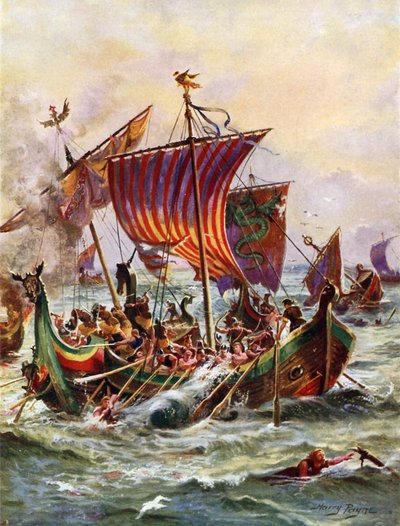 Kong Alfreds Galejer angriber vikingedrageskibene, 897 (farve litho) af Henry Payne