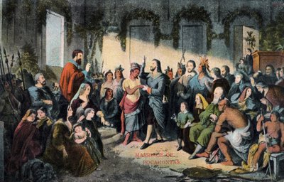 Ægteskabet mellem Pocahontas og John Rolfe i Jamestown i 1614 af Henry (after) Brueckner