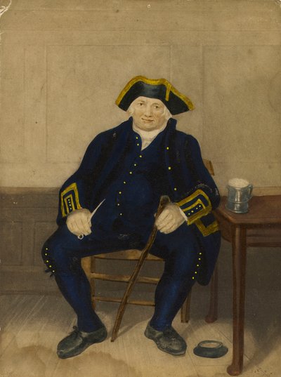 Portræt af Greenwich-pensionist, siddende med lerpibe og kande (akvatinte) af Henry (after) Dawe