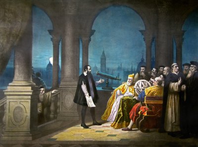 Galileo Galilei demonstrerer sit teleskop for Leonardo Donato, dogen af Venedig og det venetianske senat i 1609, ca. 1900 (litografi) af Henry (after) Detouche