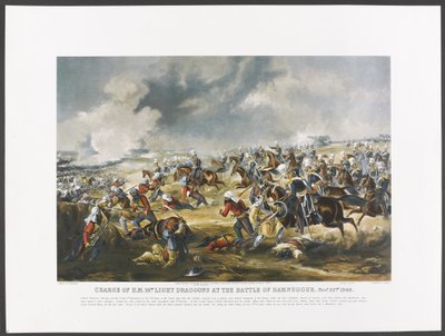 Sigtelse af H.M. 14. lette dragoner i slaget ved Ramnuggur, 22. november 1848, graveret af J. Harris, ca. 1851 (fotolitho i farve) af Henry (after) Martens