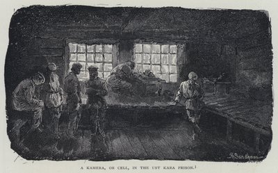 En kamera eller celle i Ust Kara-fængslet (litho) af Henry (after) Sandham