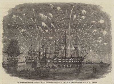 Fredsmindehøjtidelighed i Plymouth, raketter og generel belysning af flåden i Øresund af Henry A. Luscombe