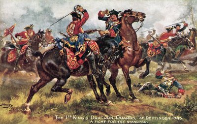 The Kings Horse, nu den 1. (Kings) Dragoon Guards, Slaget ved Dettingen, juni 1743 af Henry A. Payne