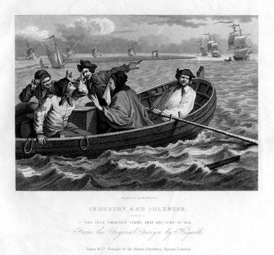 Den ledige lærling vendte sig væk og blev sendt til søs, plade V af Industri og lediggang, 1833. af Henry Adlard