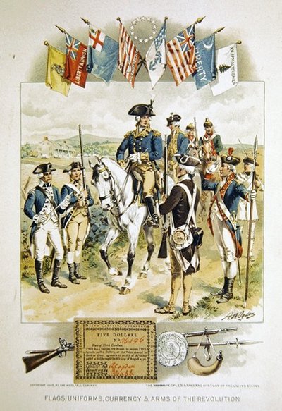 Amerikanske flag, uniformer, revolutionens valuta og våben, illustration fra 