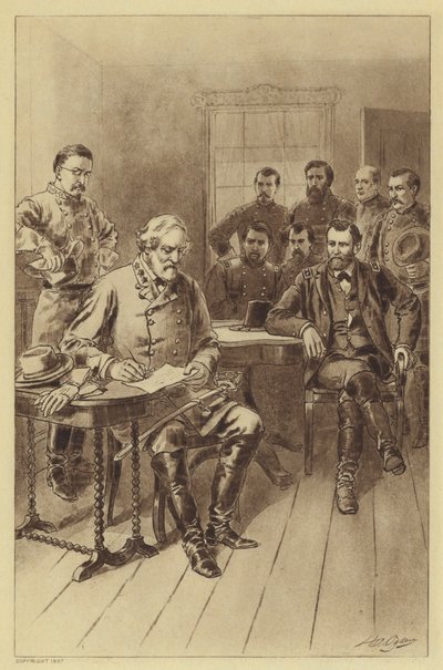 Lees overgivelse til Grant, Appomattox, 9. april 1865 (litho) af Henry Alexander (after) Ogden