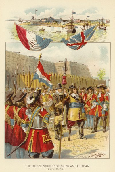 Den hollandske overgivelse New Amsterdam, 8. september 1664 (farve litho) af Henry Alexander (after) Ogden