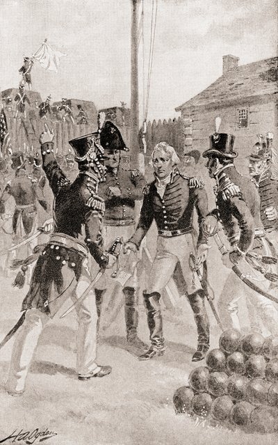 Brigadegeneral William Hull overgiver fortet og byen Detroit, Michigan, Amerika under The Siege of Detroit, fra The History of Our Country, udgivet 1905 af Henry Alexander Ogden