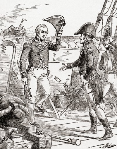 Kaptajn Dacres fra HMS Guerriere overgiver sig og tilbyder sit sværd til kaptajn Hull ombord på USS Constitution efter hans nederlag under krigen i 1812, fra The History of Our Country, udgivet 19 af Henry Alexander Ogden