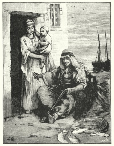 En fisker, der reparerer sine net, Tiberiashavet (litho) af Henry Andrew Harper