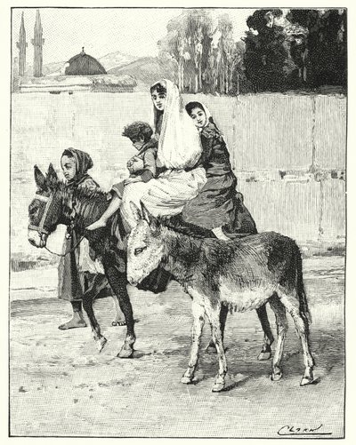 Flere personer, der rider på et æsel (litho) af Henry Andrew Harper