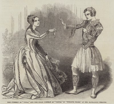 Miss Cushman som Viola og Miss Susan Cushman som Olivia i Twelfth Night på Haymarket Theatre af Henry Anelay