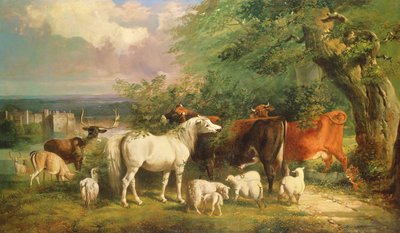 Haddon Hall med får, kvæg, en kronhjort og en pony af Henry Barraud