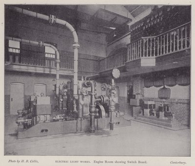Maskinrum med eltavle, Electric Light Works, Canterbury, Kent (s/h-foto) af Henry Beauchamp Collis