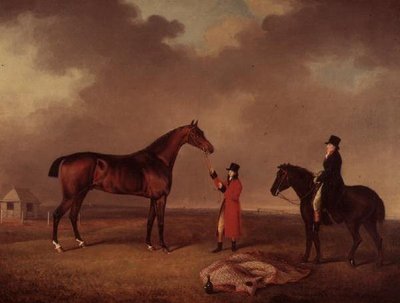 Bay Horse med brudgom på Newmarket Heath af Henry Bernard Chalon