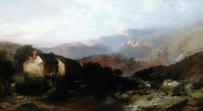 Udsigt i det nordlige Wales med overskudsmølle, kvæg og får (olie på lærred) af Henry Bright