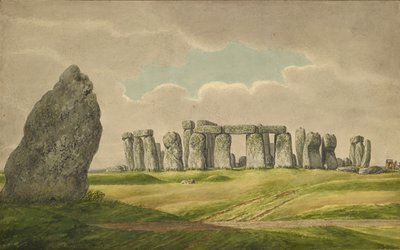 Stonehenge fra N.E., viser ruiner og hælsten med vogn, hest, person, 1824-1839 af Henry Browne
