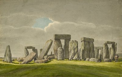 Stonehenge fra S.E., der viser sten i ødelagt tilstand med 2 besøgende, 1824-1839 af Henry Browne