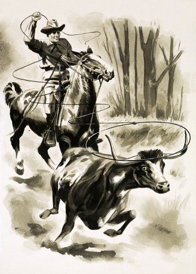 En cowboy tover en stut fra hesteryg med en lasso af Henry Charles Fox