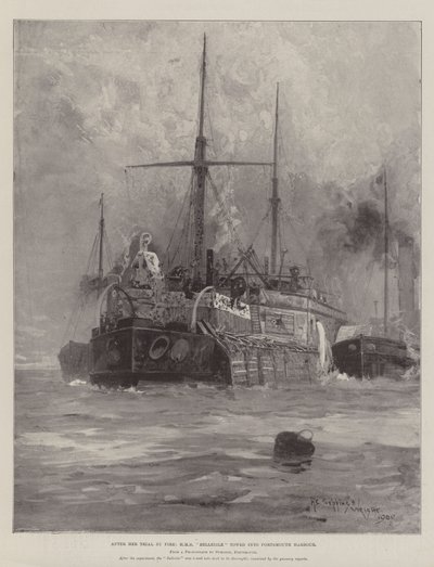 Efter sin brandprøve blev HMS Belleisle slæbt ind i havnen i Portsmouth af Henry Charles Seppings Wright