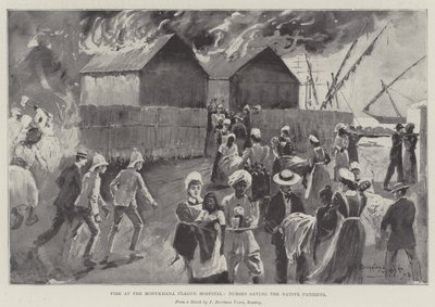 Brand på Modykhana Plague Hospital, sygeplejersker redder de indfødte patienter af Henry Charles Seppings Wright