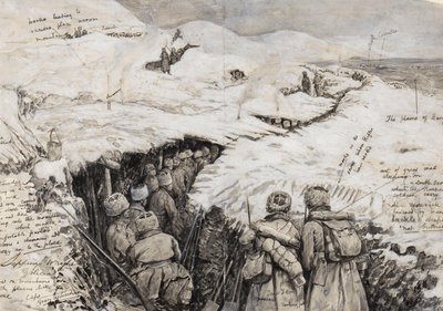 Galicien, russiske tropper i sneklædte bakker, 13. marts 1916 (blæk og gouache på papir) af Henry Charles Seppings Wright