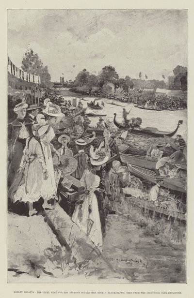 Henley Regatta, Final Heat for Diamond Sculls (Ten Eyck v Blackstaffe), set fra Grosvenor Club Enclosure af Henry Charles Seppings Wright