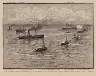 Den portugisiske korvet Tamega skyder på SS Agnes, Pungwe-floden, Østafrika (kobberstik) af Henry Charles Seppings Wright