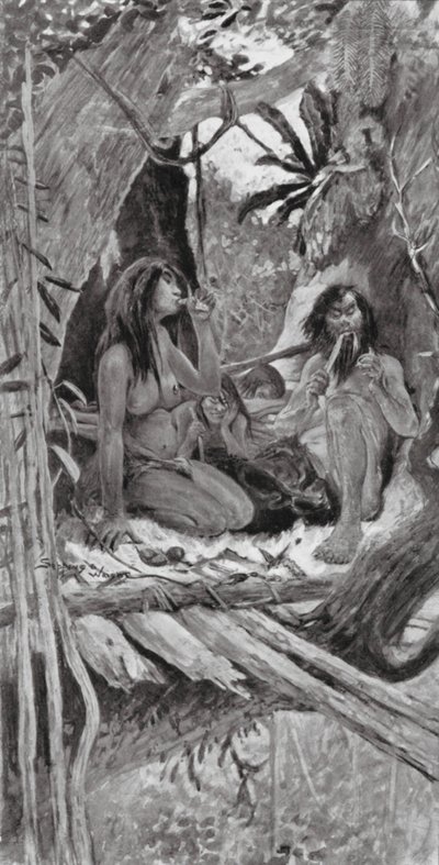 Forhistoriske kinesiske træboere (litografi) af Henry Charles Seppings Wright