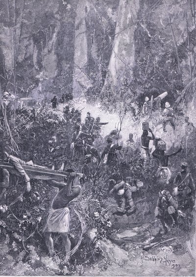 Ashanti-krigen 1900: En kamp i skoven, illustration fra Cassells History of England, 1900-tallet af Henry Charles Seppings Wright