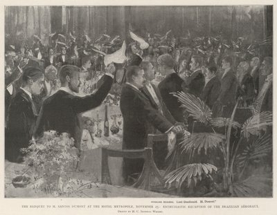Banketten til M Santos Dumont på Hotel Metropole, 25. november, entusiastisk modtagelse af den brasilianske aeronaut af Henry Charles Seppings Wright
