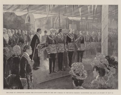 Hertugen af Connaught lægger grundstenen til de nye skoler i Royal Masonic Institution for Boys i Bushey den 12. maj af Henry Charles Seppings Wright