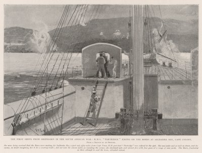 De første skud fra skib i den sydafrikanske krig, HMS Agerhøne, der skyder på boerne ved Saldanha-bugten, Kapkolonien af Henry Charles Seppings Wright