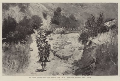 Den indiske grænse, Camp Sheranni, Tochi Valley, Highlanders marcherer ned ad en kløft af Henry Charles Seppings Wright