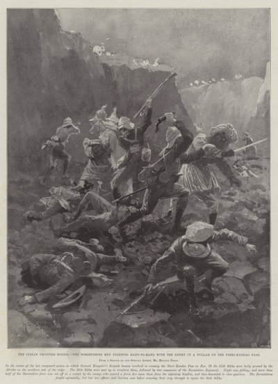 The Indian Frontier Rising, Dorsetshire-mændene kæmper hånd-til-hånd med fjenden i en Nullah på Tseri-Kandao-passet af Henry Charles Seppings Wright