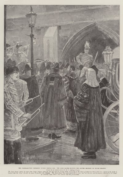 Proklamationsceremonien i Temple Bar, overborgmesteren læser brevet bragt af Rouge Dragon af Henry Charles Seppings Wright