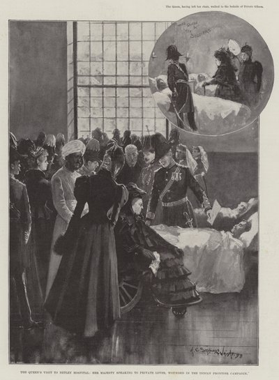 Dronningens besøg på Netley Hospital, Hendes Majestæt taler til menig Lever, der blev såret i den indiske grænsekampagne af Henry Charles Seppings Wright