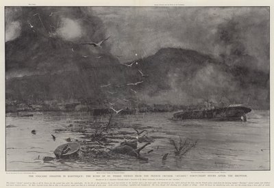 Den vulkanske katastrofe på Martinique, ruinerne af St Pierre set fra den franske krydser Suchet, 48 timer efter udbruddet af Henry Charles Seppings Wright