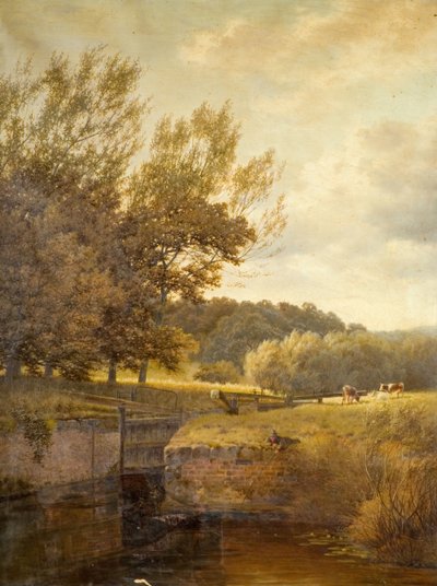 Skovklædt landskab med dreng, der fisker i en lås, 1931. af Henry Cheadle