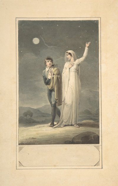 Natligt landskab med to figurer design til en graveret bogillustration, 1807-44. af Henry Corbould
