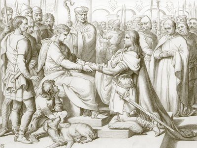 Hvordan Hereward kom ind til kongen (kobberstik) af Henry Courtney (after) Selous