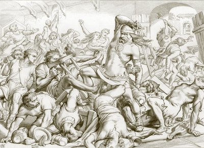 Hvordan Hereward ryddede Bourne for franskmænd (kobberstik) af Henry Courtney (after) Selous