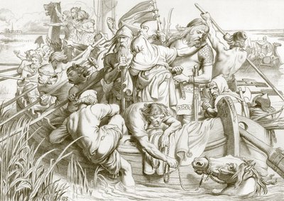 Hvordan Hereward rejste fra Ely, og hvordan han dræbte hoppesvalen (kobberstik) af Henry Courtney (after) Selous